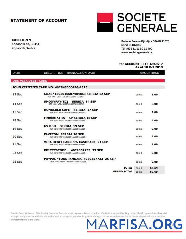 Realistic Serbia Societe Generale bank proof of address statement word template